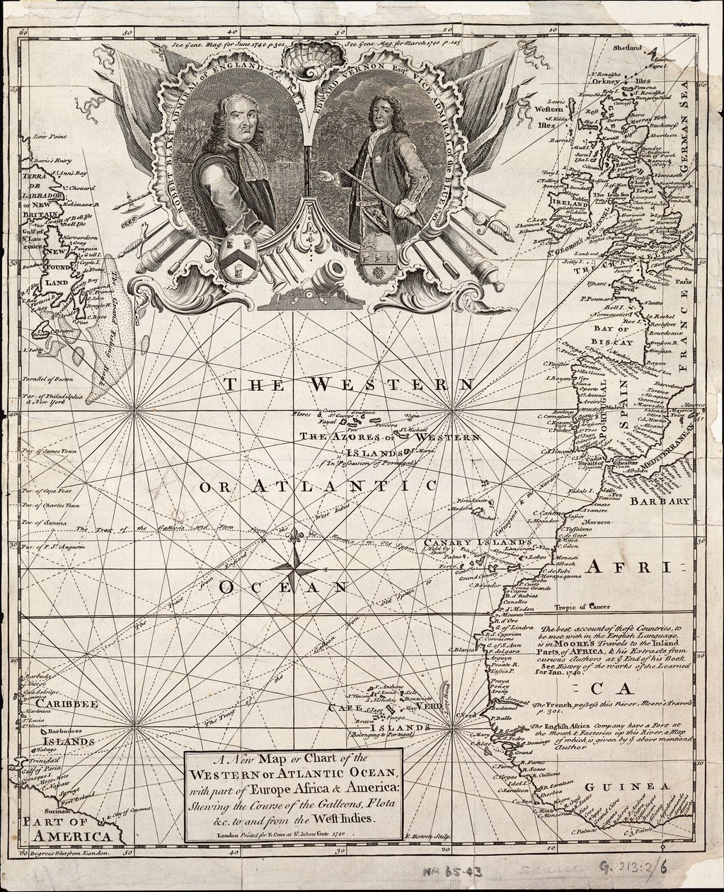 A new map or chart of the western or Atlantic ocean with part of Europe, Africa and America: showing the course of the galleons to and from the West Indies by Emanuel Bowen