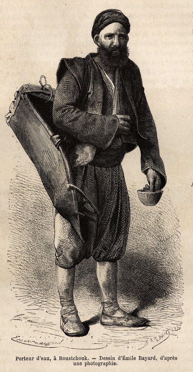 A water carrier, itinerant merchant posing with his equipment, a kind of tank box and a container used as a measure and cup, in Roustchouk (Romania) (engraving after the drawing of Emile Bayard, illustrating the journey to Bulgaria) by Emile Antoine Bayard