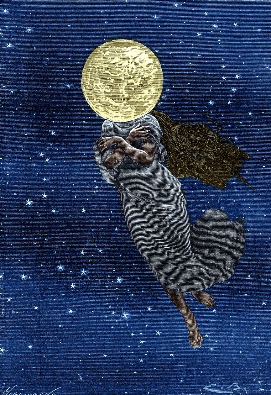 Description of the moon drawn with a young woman