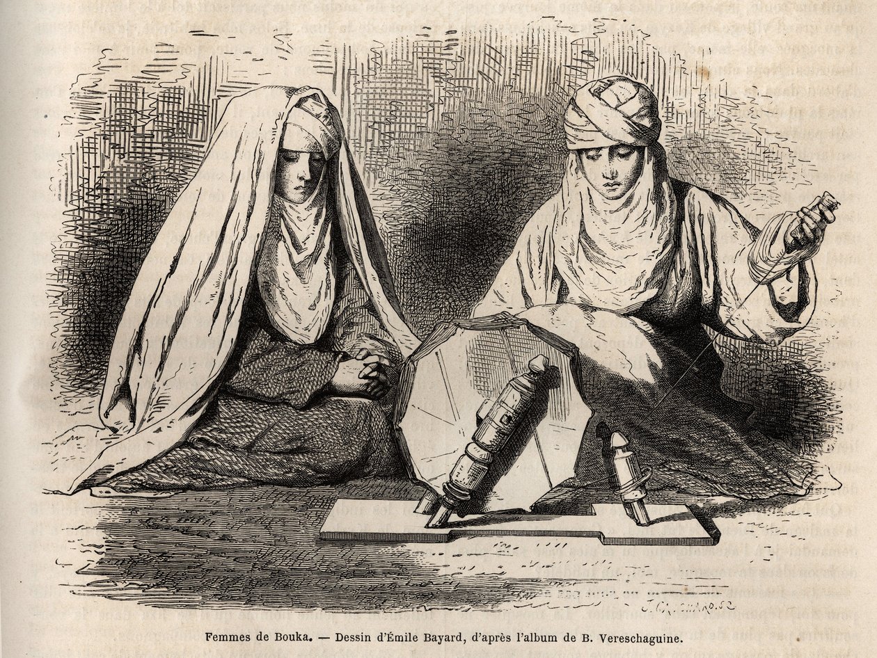 Women of Bukhara (Uzbekistan), working on their work to spun, engraving after a drawing by Emile Bayard, to illustrate Basile Vereschaguine