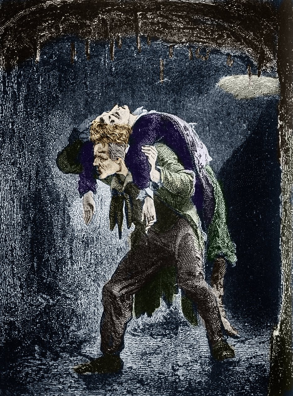 Jean Valjean, Marius wounded on his back, fleeing in the water of Paris (Illustration of the novel “Les Miserables” by Victor Hugo) by Emile Antoine Bayard