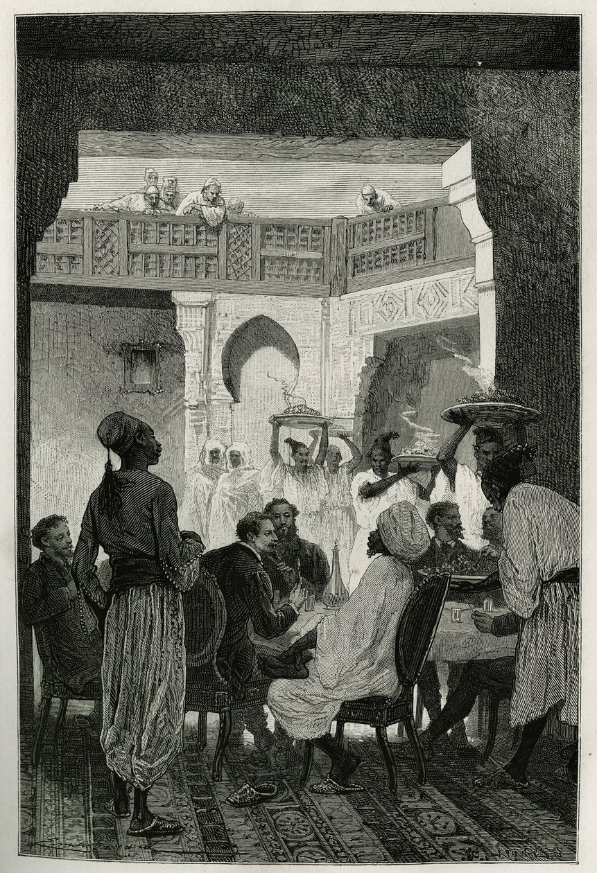 Lunch at the Minister of War, Headdress of a Turban, Facing the Author of the Story, Arriving by the Court, a Row of Servants Carrying the Dishes of the Meal, Engraving by Emile Bayard, to Illustrate the Story of Morocco by Edmondo de Amicis, in 1875, Publ by Emile Antoine Bayard