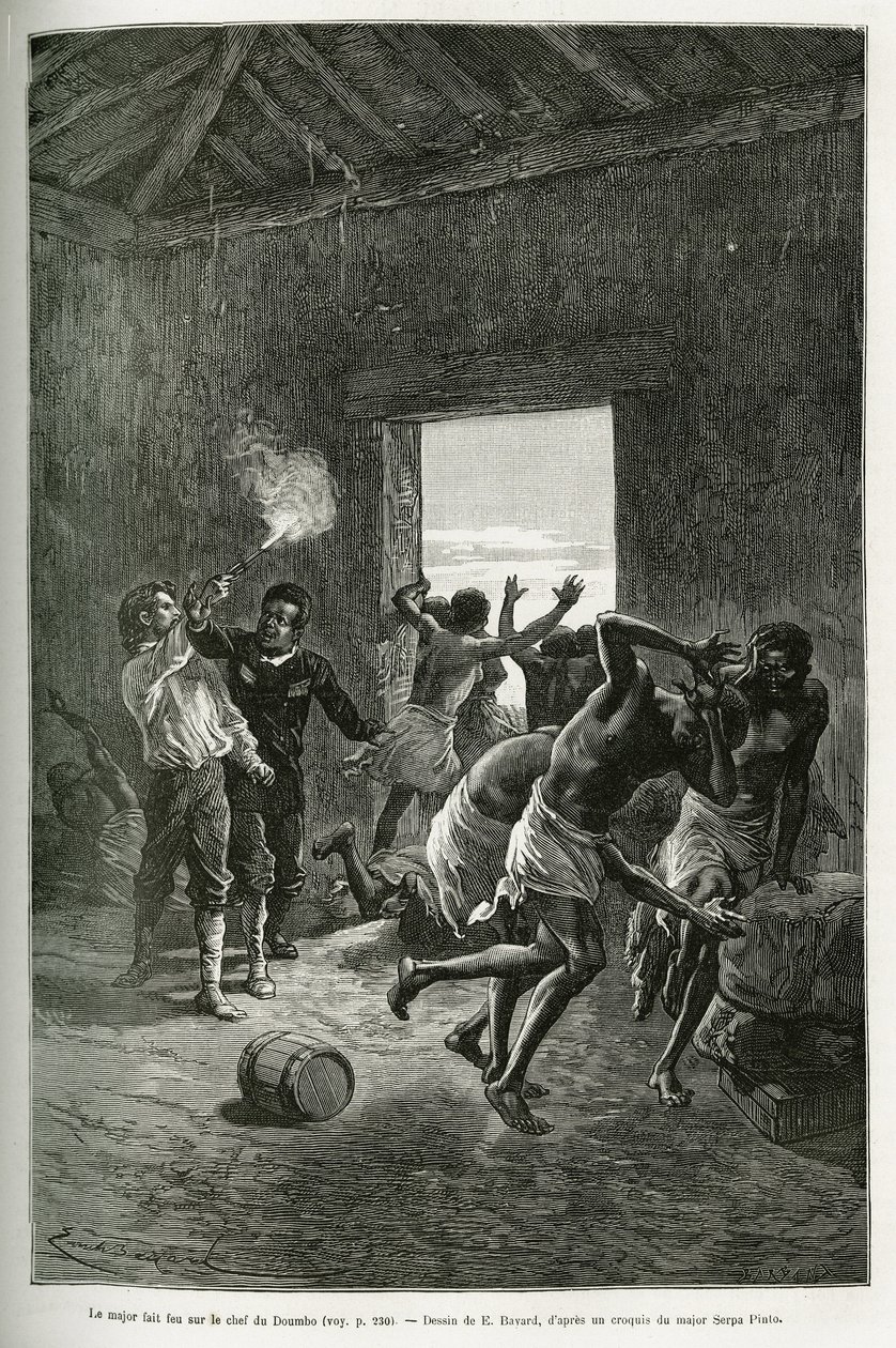 Major Serpa Pinto Fired at the Village Chief or Stopped Because He Demanded Even More Brandy in Exchange for His Hospitality. Engraving by Emile Bayard, to Illustrate the Story 