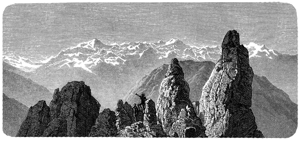 Mountain summit called Pierre a Voir near the baths of Saxon in Valais, Swiss Alps. Illustration by Emile Bayard for Albert Dupaigne