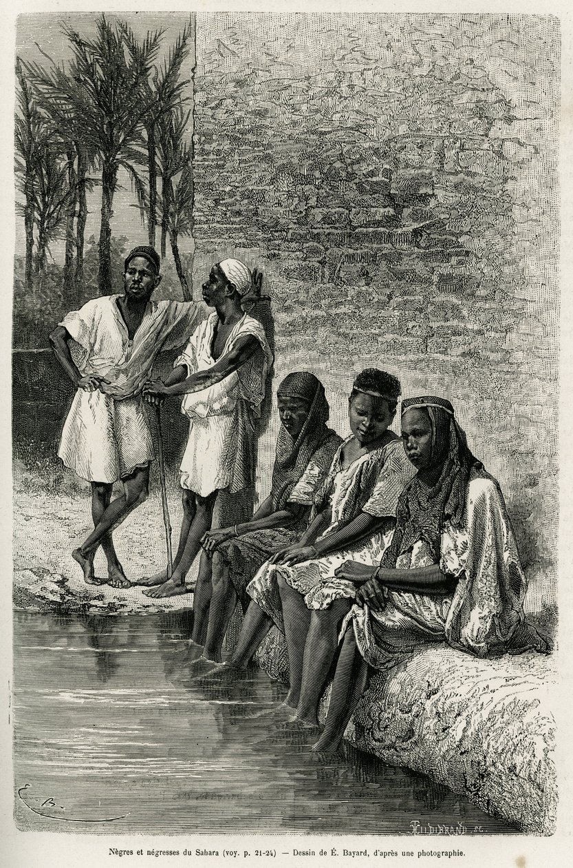 Negres and negresses of the Sahara, on the banks of the Oued Rihr. Engraving by E.Bayard, to illustrate the Algerian Sahara, by V.Largeau, in 1874-1878, published in the Tour du monde, under the direction of Edouard Charton by Emile Antoine Bayard
