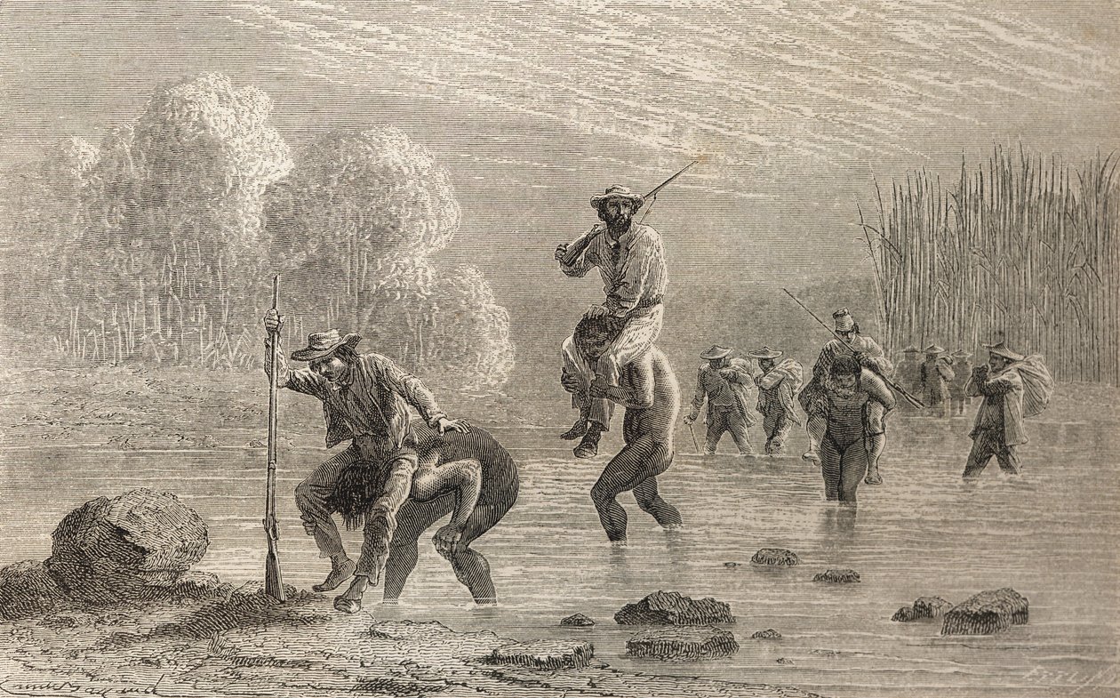 Paul Marcoy and His Expedition Being Carried Across a Swamp in Argentina by Chuncho Indians in 1874, illustration from 