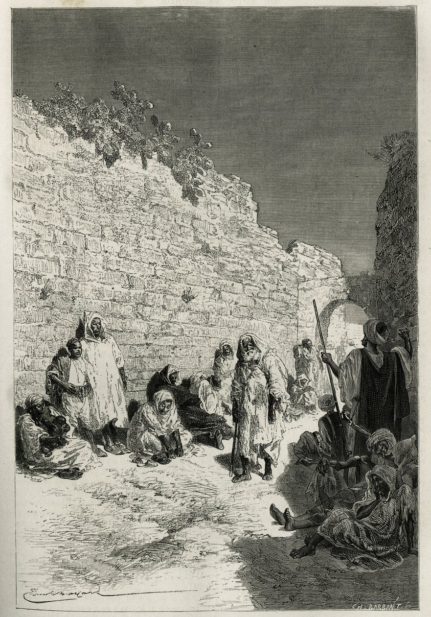 Pending the audience of the sultan, a group of people in the streets of Fes (Engraving by Emile Bayard) by Emile Antoine Bayard