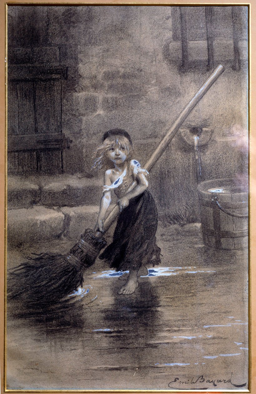 Representation of Cosette, sweeping barefoot. Illustration for The Miserables by Victor Hugo by Emile Bayard, 19th century. Paris, Maison Victor Hugo by Emile Antoine Bayard