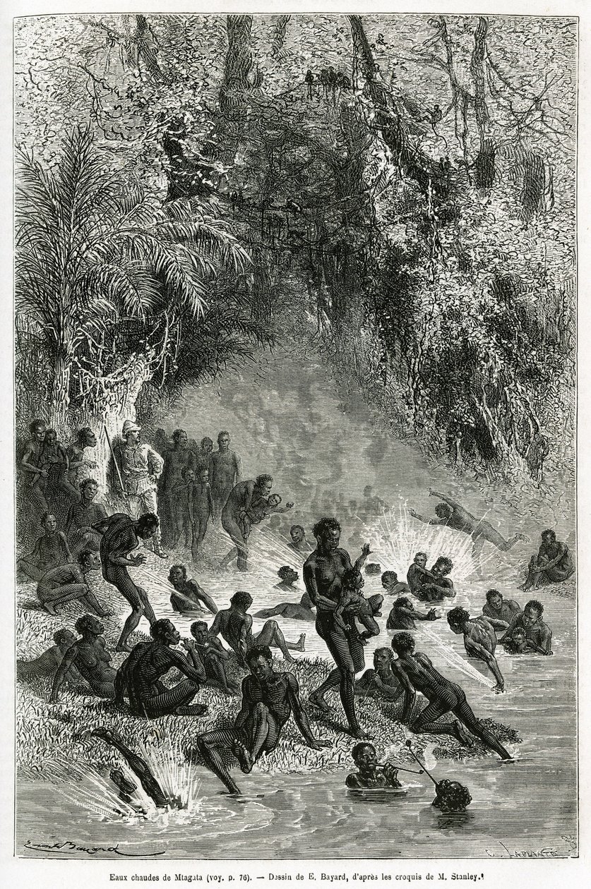 Sir Henri Morton Stanley (1841-1904) in the midst of the bathers of the Karagoue region (Cameroon), who plunge into the hot and medical water basin of the Mtagata gorge, drawing by Emile Bayard, to illustrate the story Through the Mysterious Continent, a by Emile Antoine Bayard