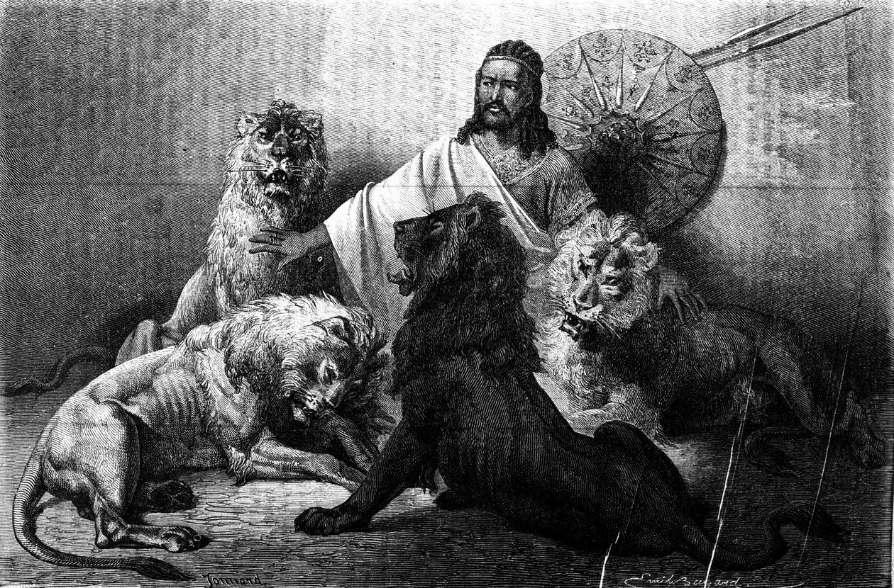 The Emperor (Ras) Theodoros of Abyssinia Surrounded by His Lions. Engraving from the Mid-19th Century. Illustration by Emile Bayard by Emile Antoine Bayard