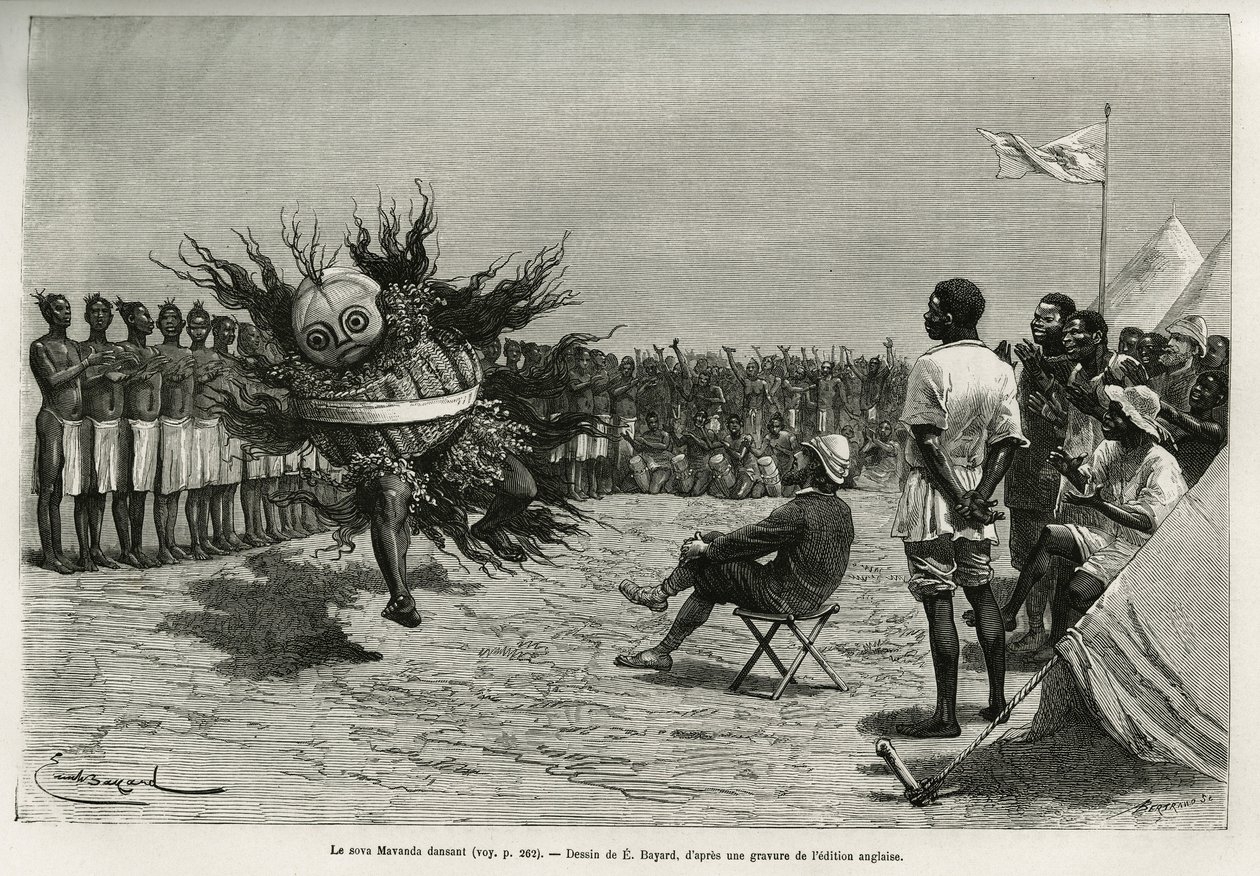 The Sova Mavanda (king), surrounded by his men who psalmodize a monotonous song, dancing in front of the major. Engraving by Emile Bayard, to illustrate the story how I