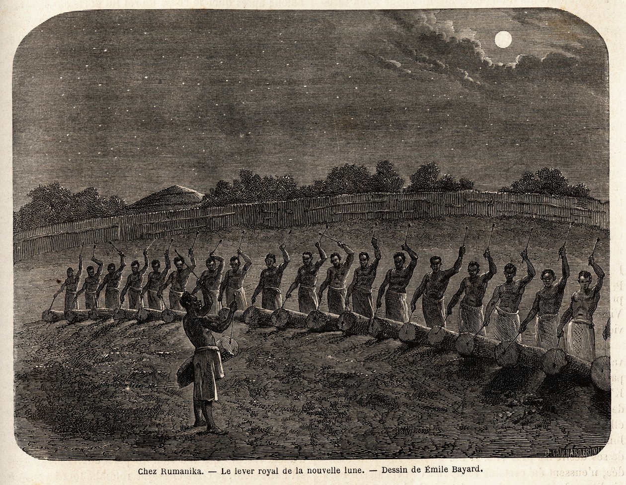 The ceremony of the drums for the rise of the new moon, at the head of the tribe Rumanika, in Karague (west of Lake Victoria, in present-day Zimbabwe), drawing by Emile Bayard, illustrating Captain Speke