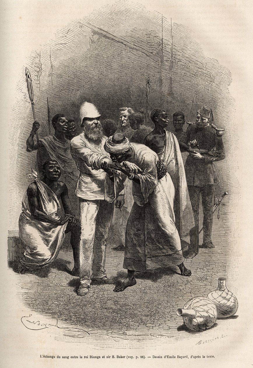 The exchange of blood between King Rionga and Sir Baker, after drinking a large amount of banana cider and spending a night watching and fasting, the ceremony takes place, each in turn they cut their forearms and drink a drop of blood, then Rionga Vakil is by Emile Antoine Bayard