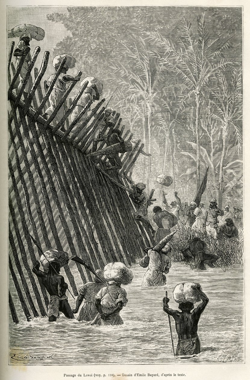 The passage of the river Lovoi by the expedition (Drawing by Emile Bayard) by Emile Antoine Bayard