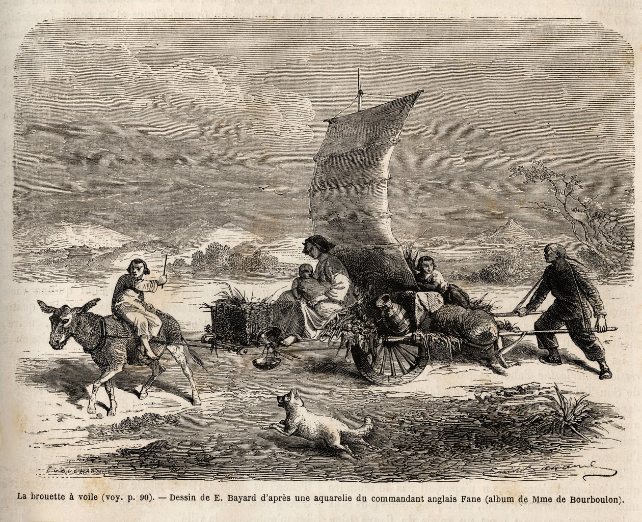 The sail wheelbarrow, locomotion system used in northern China, drawing by E. Bayard, illustrating the journey from Shanghai to Moscow by Emile Antoine Bayard