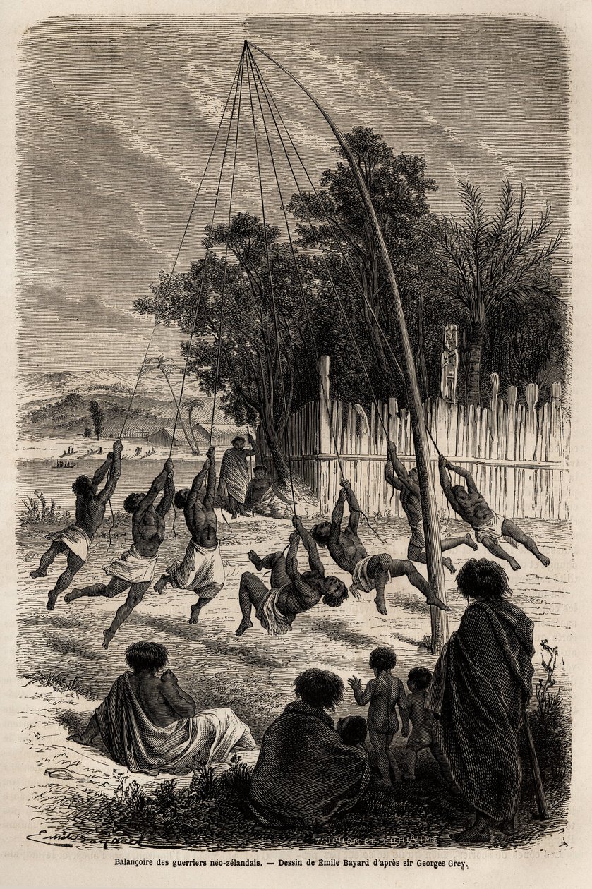 The swing of New Zealand warriors in the Isthmus of Auckland (Drawing by Emile Bayard) by Emile Antoine Bayard