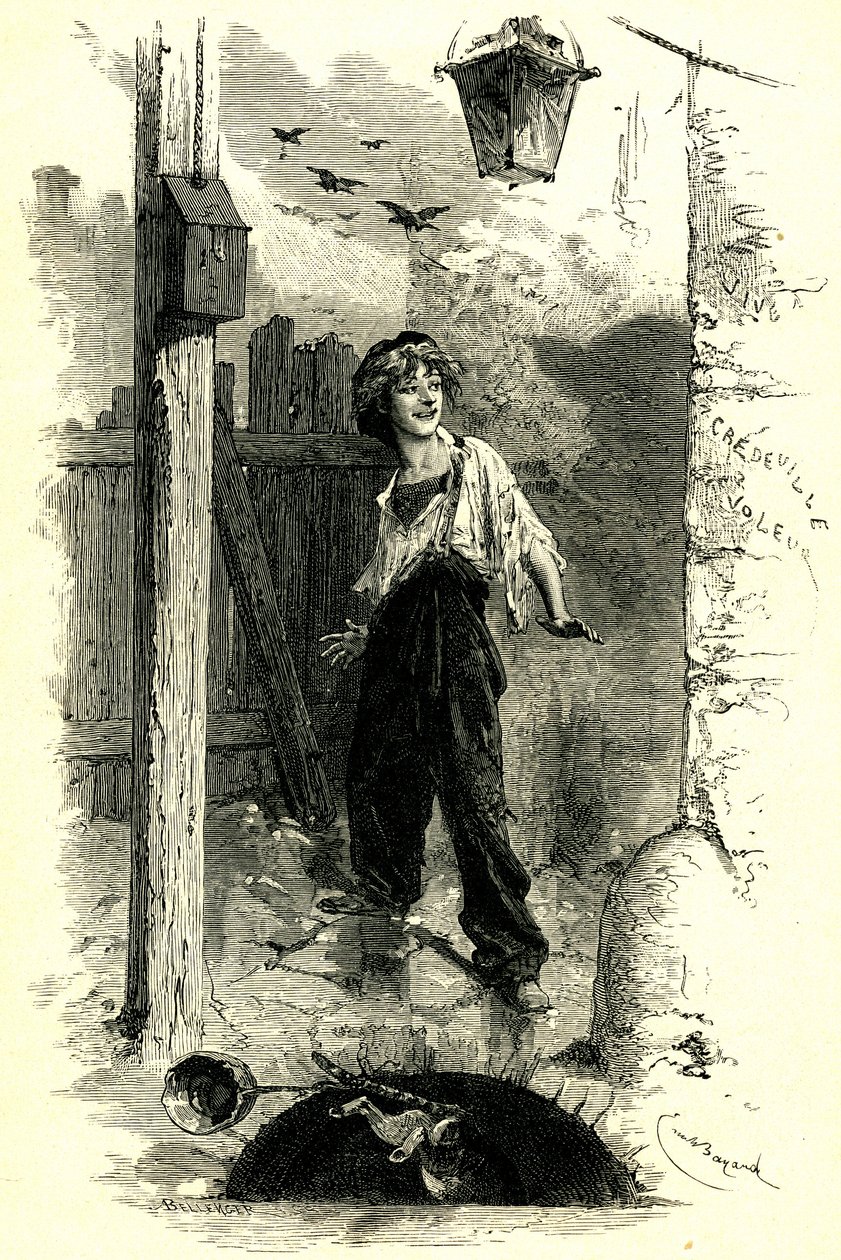 Victor Hugo: Les Miserables. Gavroche, kid from Paris. Illustration by Emile Bayard. by Emile Antoine Bayard