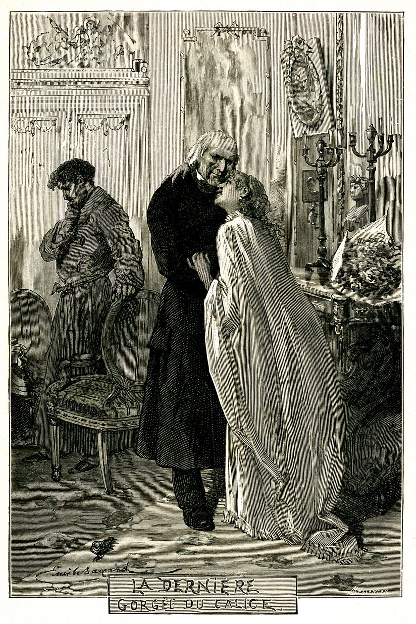 Victor Hugo The Miserables, The Last Gorgee of the Chalice. Illustration by Emile Bayard. The former convict Jean Valjean became old with Cosette and Marius. Engraving of the edition Ollendorff 1906 by Emile Antoine Bayard
