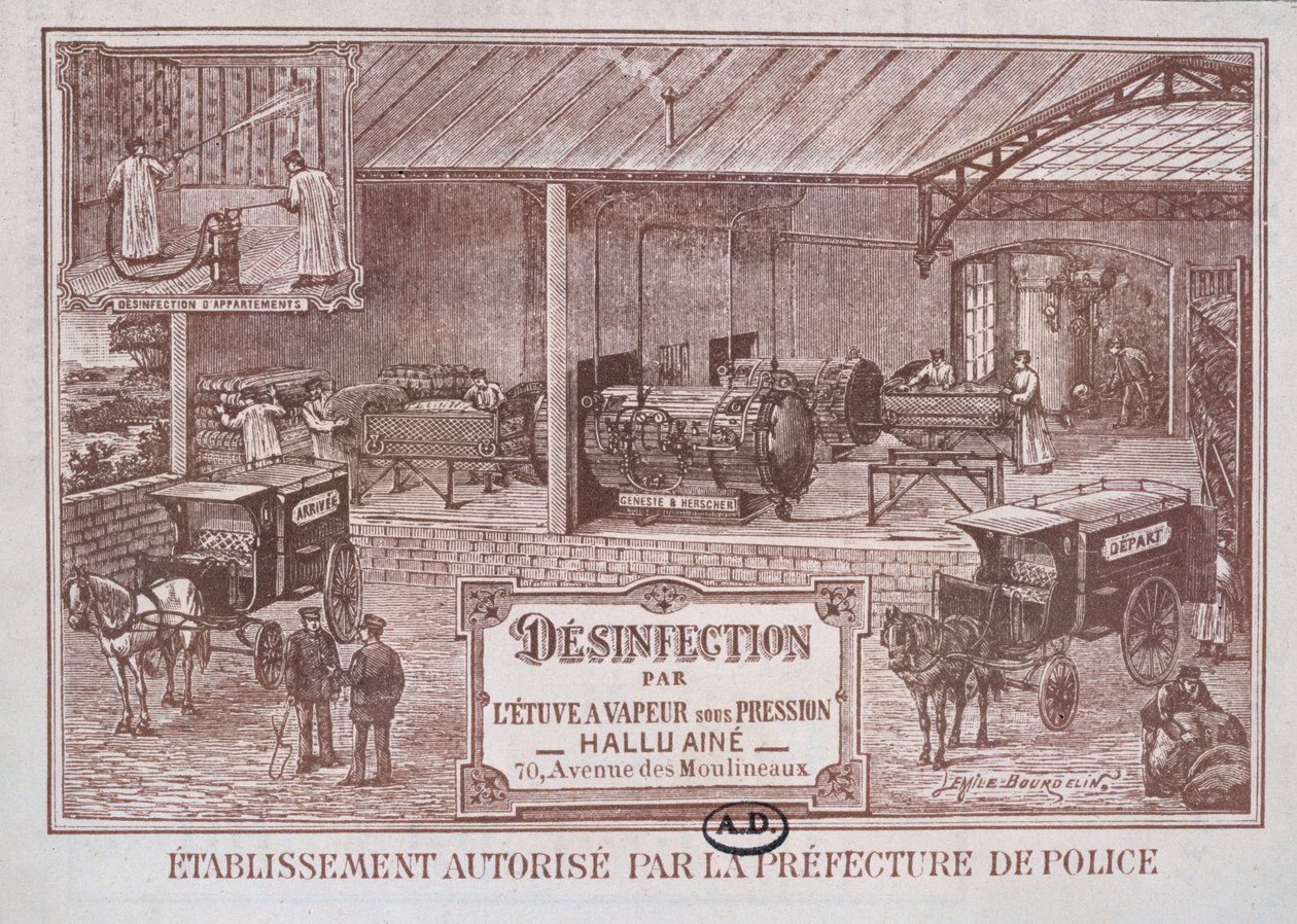 Poster advertising Machinery for Disinfection by Steam produced by Hallu Aine, end nineteenth century by Emile Bourdelin