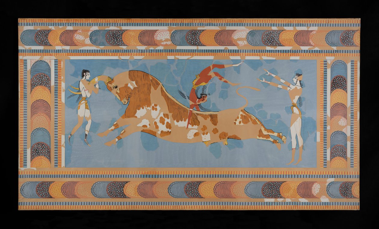 Painting of the restored Taureador Fresco from the Palace of Minos at Knossos by Emile Gilliéron