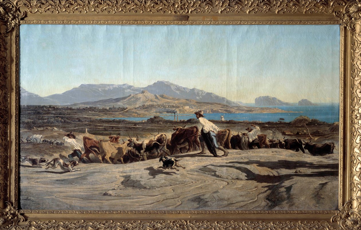 View of Marseille taken from the Aygalades, a day walk. In the foreground of young shepherds with the herd. Painting by Emile Loubon (1809-1863) 1853 by Emile Loubon