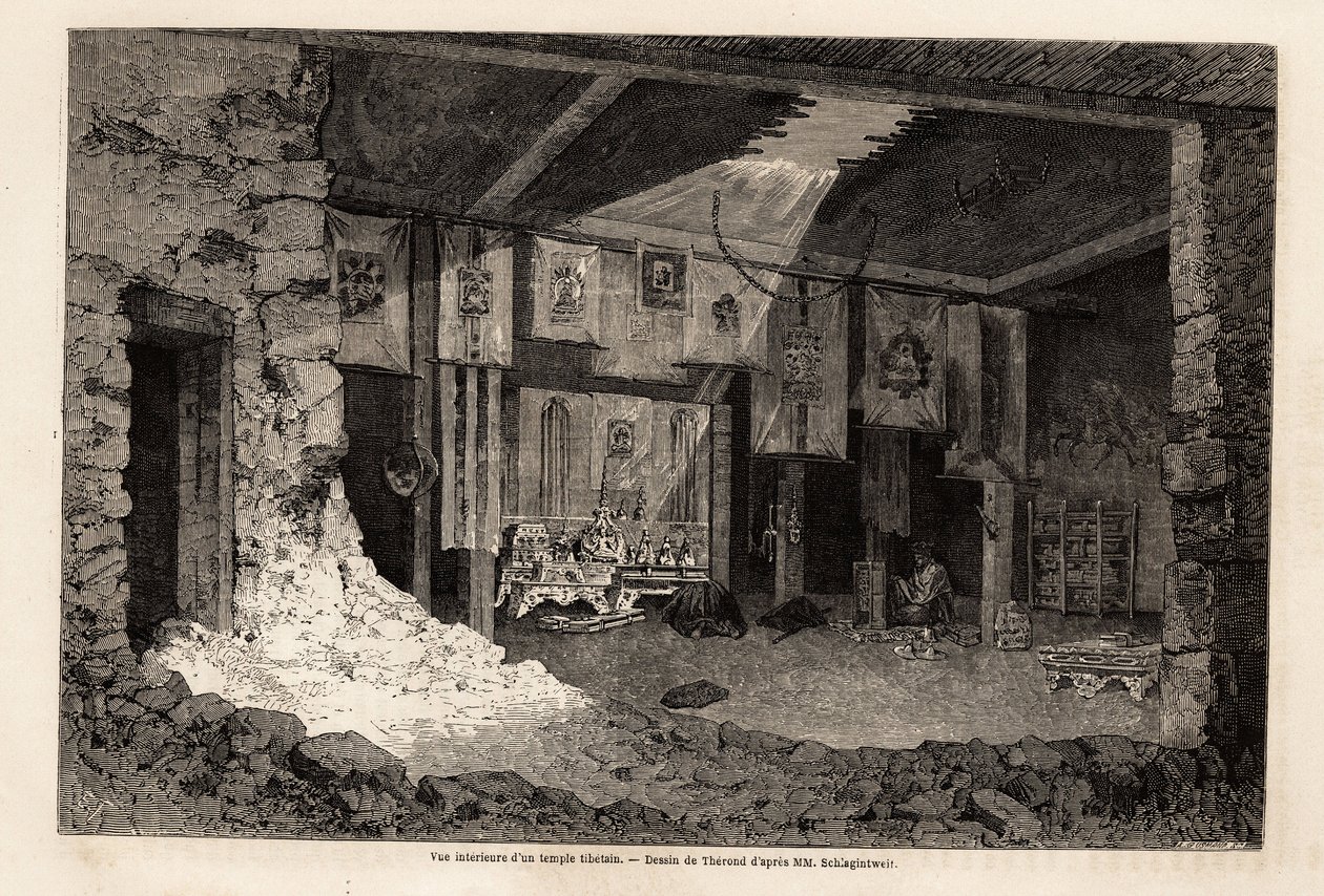 Internal view of a Tibetan temple, drawing by Therond, to illustrate the recapitulative of the geographic year 1862, by Vivien de Saint Martin. Engraving in 