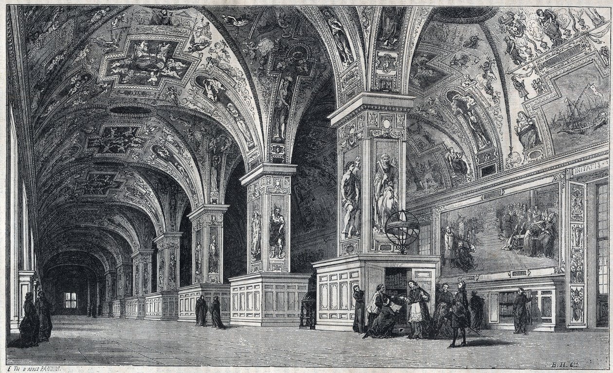 Internal view of the Vatican library in the 18th century. Engraving by Therond from a drawing by Francois Pannini by Emile Theodore Therond