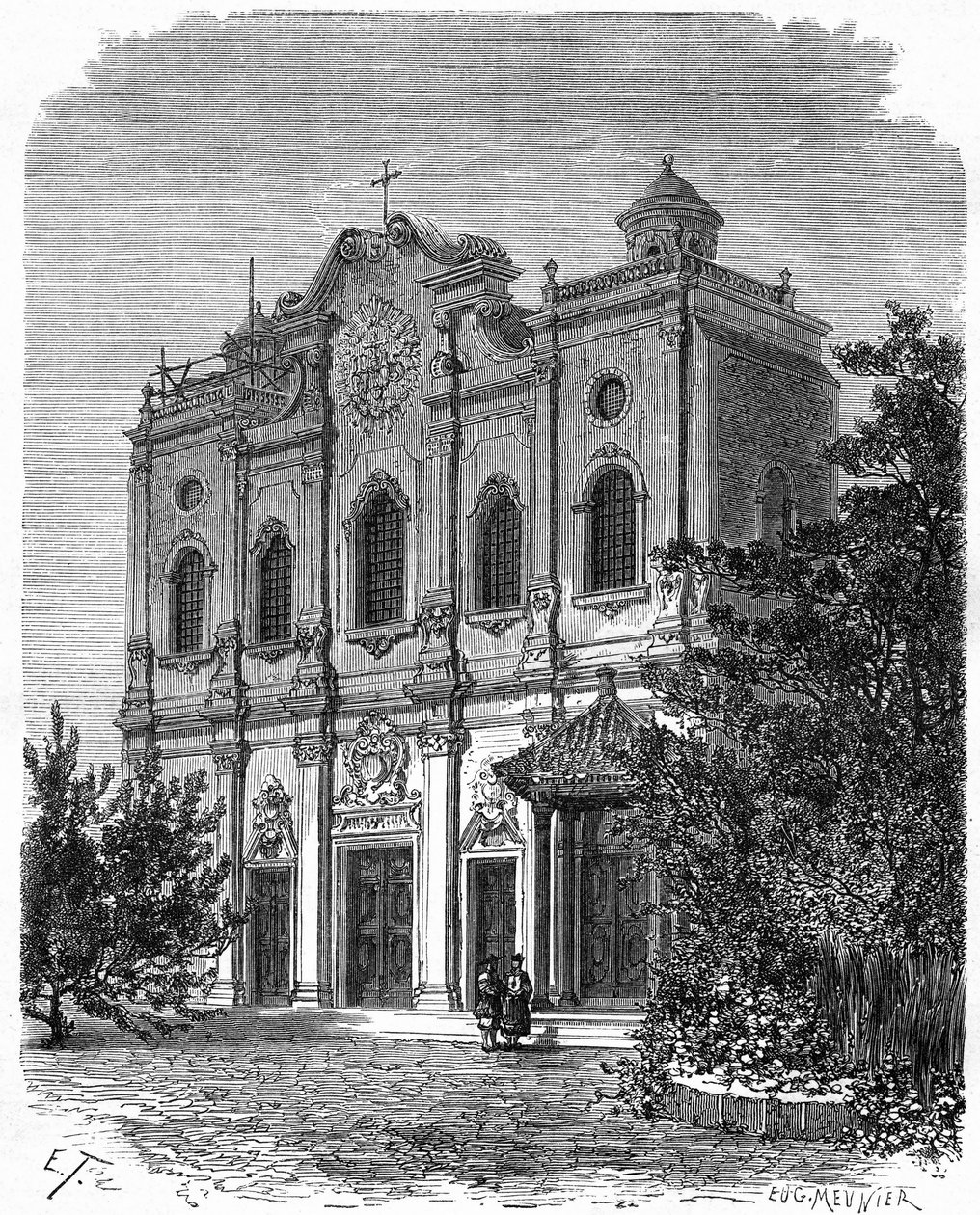 View of the facade of the cathedral of Nantang, built on the site of the house of Matteo Ricci (1552-1610), father of Catholicism in China. Engraving after a drawing by Therond, in Le Tour du Monde, Nouveau journal des Voyages, edited by Edouard Charton by Emile Theodore Therond
