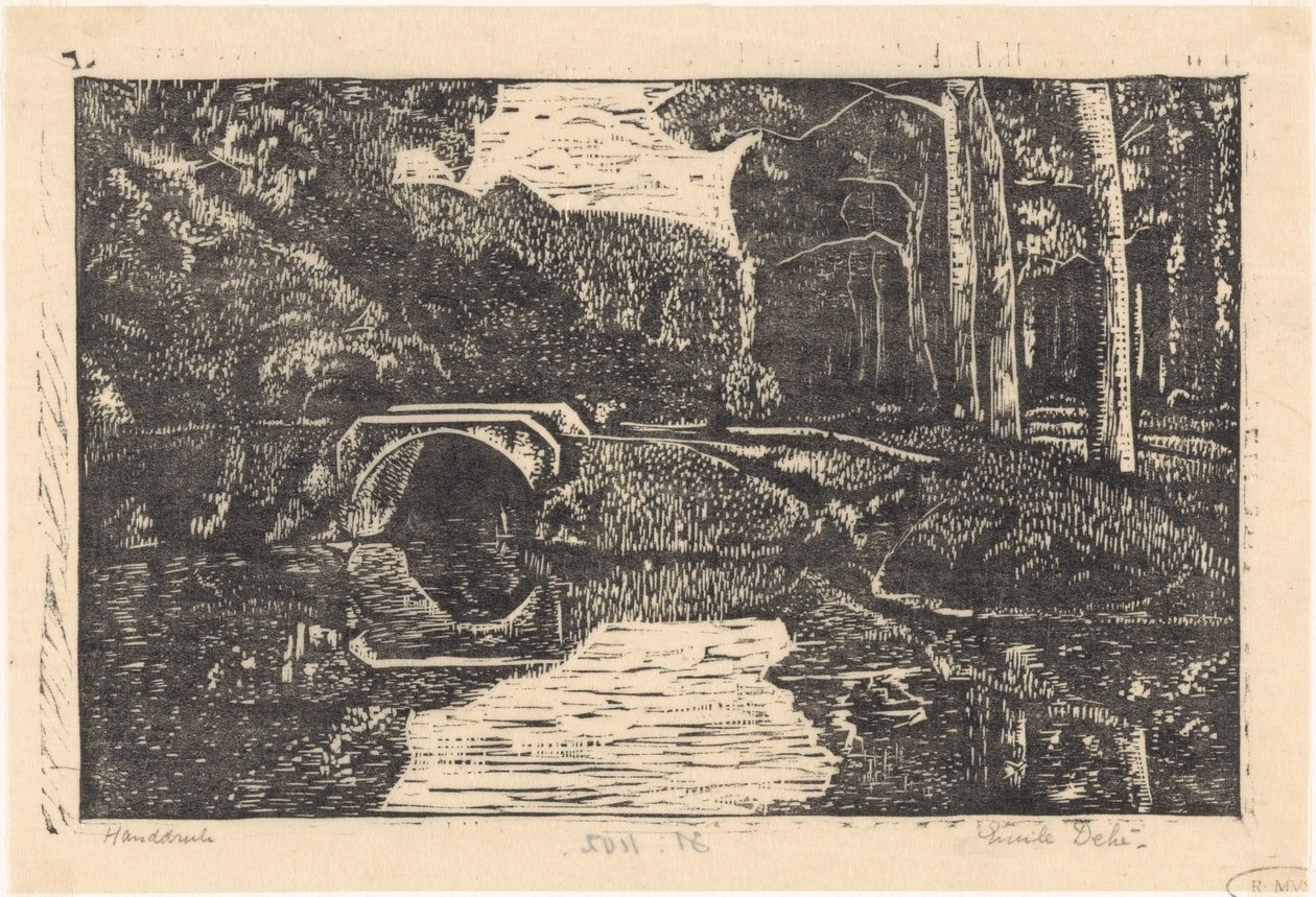 Bridge over a canal in a forest by Emilius Wilhelmus Dehé (signed by artist)
