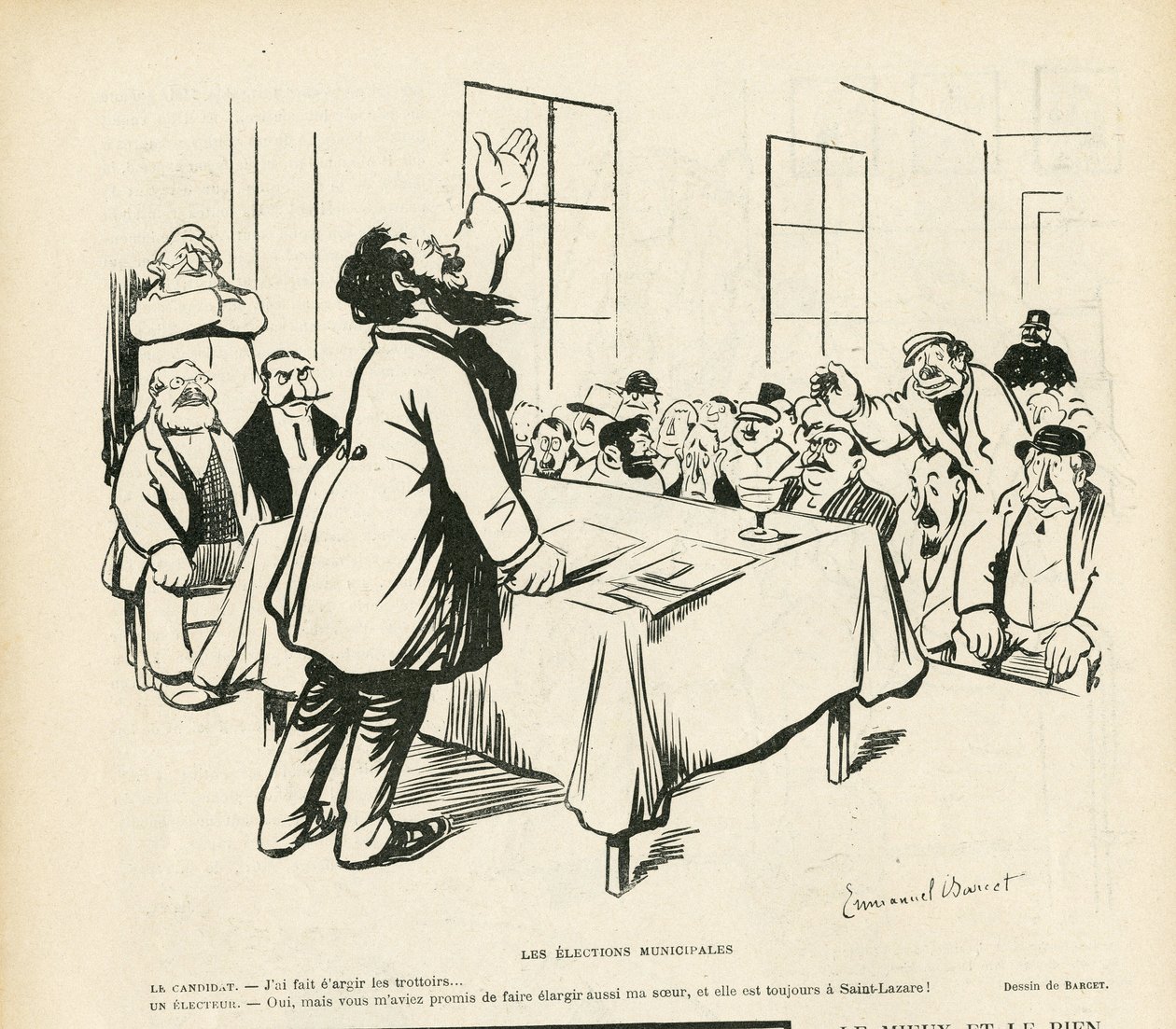 Illustration in Le Rire, 09/05/08 - Municipal Elections - Elections, Political Meeting, Meeting, Election Meeting, Municipal Elections by Emmanuel Barcet