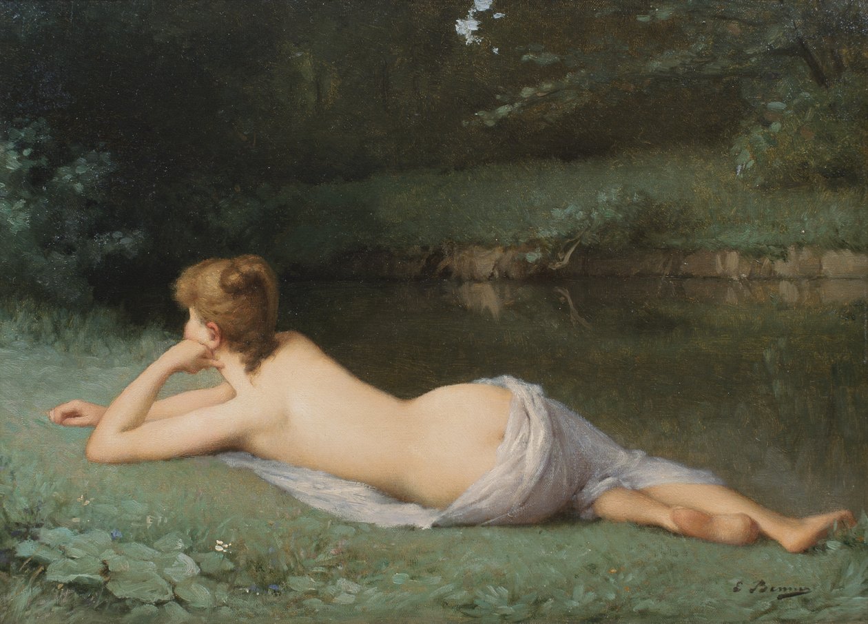 Reclining nude on a riverbank by Emmanuel Benner