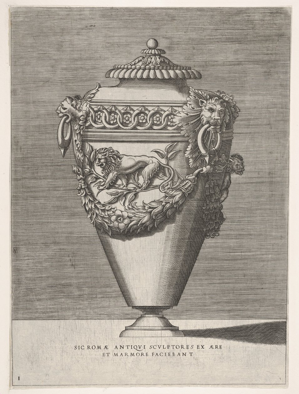 Antique Lidded Urn Decorated with a Motif of Diamond Rings and Lions, from Vases by Enea Vico