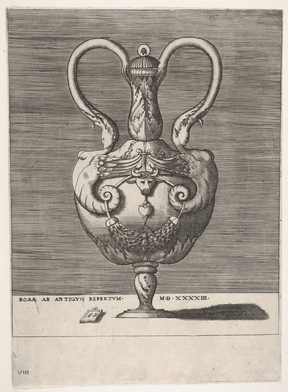 Antique Lidded Vase with Two Handles emerging from the Heads of Hybrid Female Sphinxes by Enea Vico