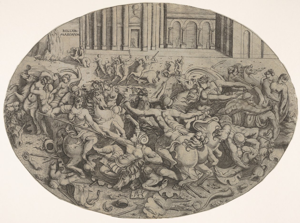Combat between Amazons and Men in Front of Architectural Arcades by Enea Vico