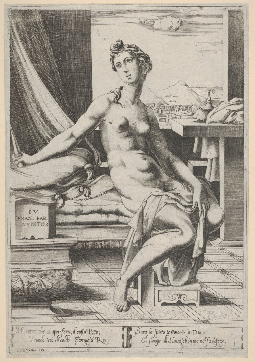 Lucretia Naked and Seated Before a Window, a Dagger in Her Right Hand by Enea Vico