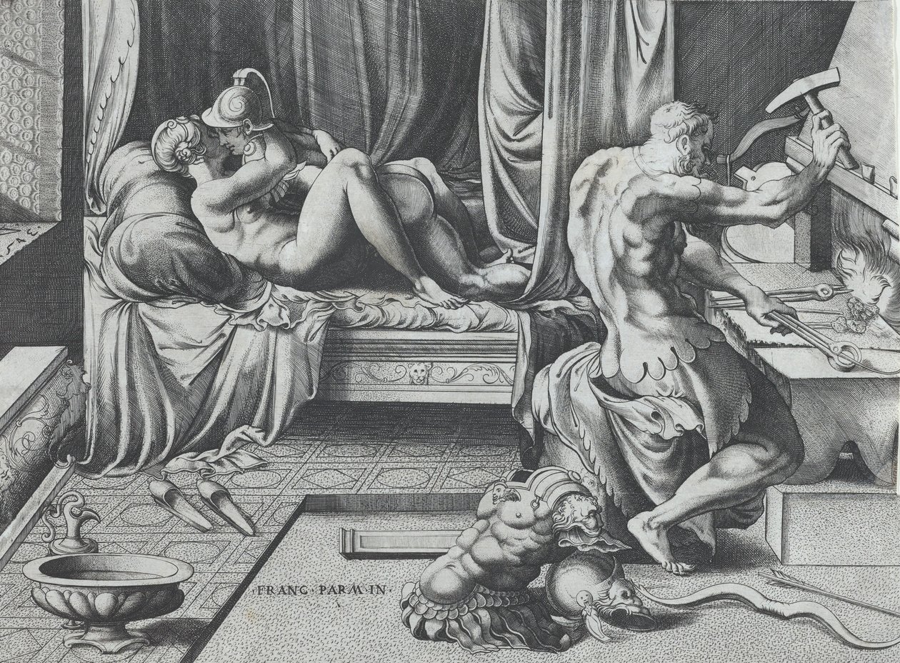 Venus and Mars Embracing as Vulcan Works at His Forge by Enea Vico