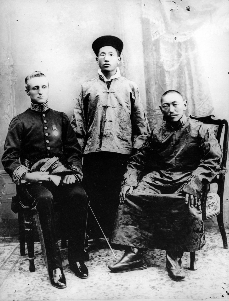 13th Dalai Lama, Sir Charles Bell and Maharaj Kumar Sidkeong Trul-ku, 1910 by English Photographer