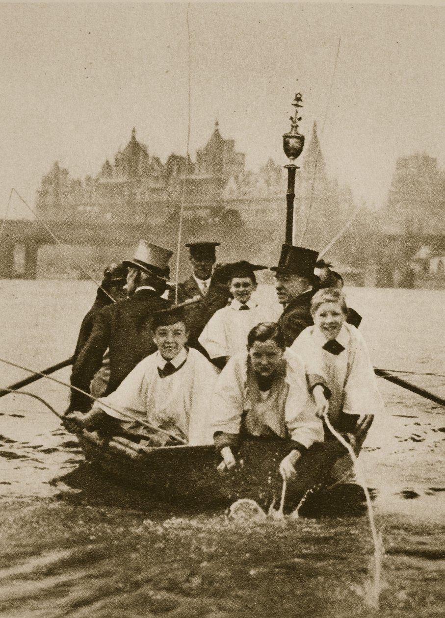 Choir boys of St. Clement Danes marking the boundaries of their parish, in a boat on the Thames by English Photographer
