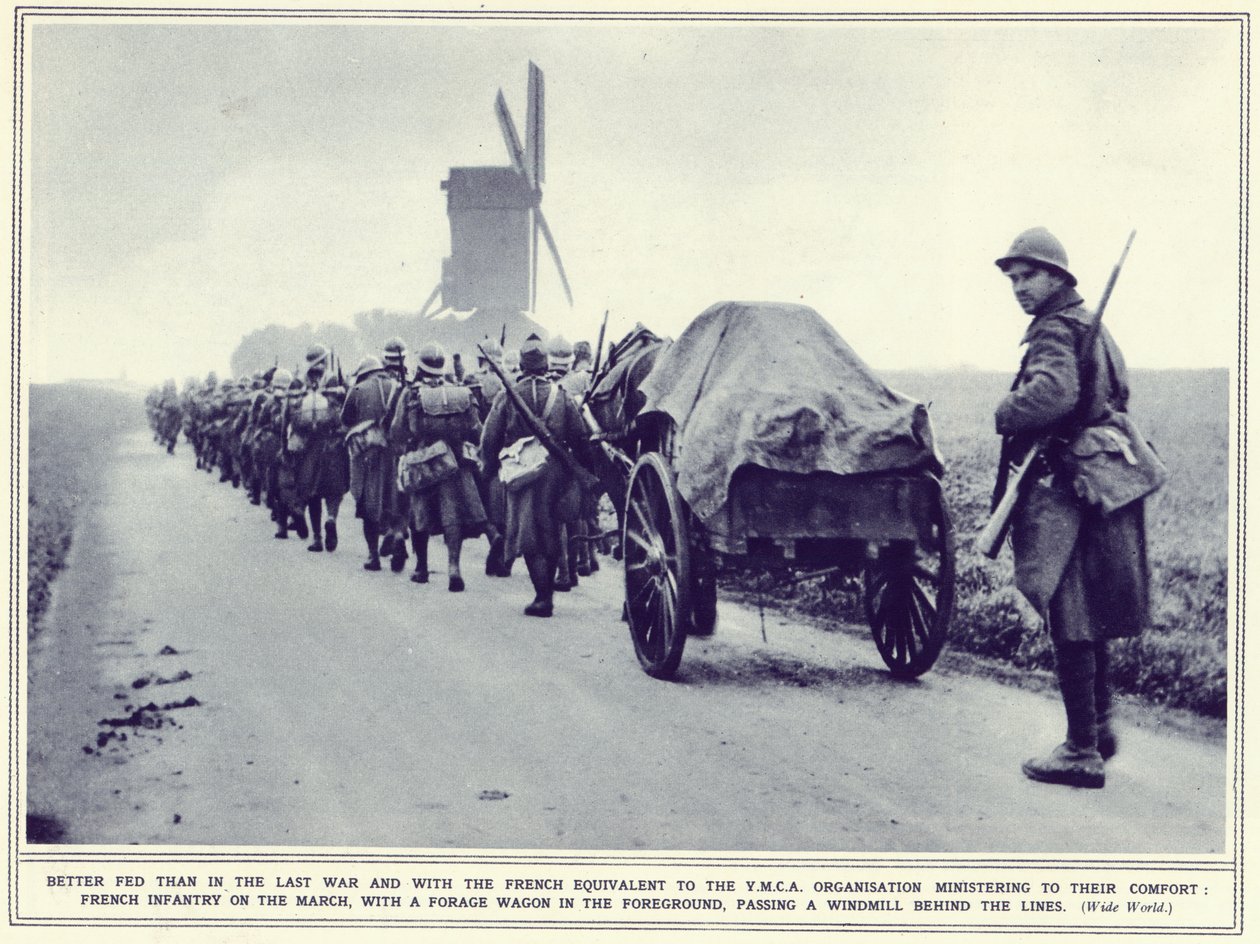 French infantry on the march, with a forage wagon in the foreground, from The Illustrated War News, published 22nd November 1939 by English Photographer