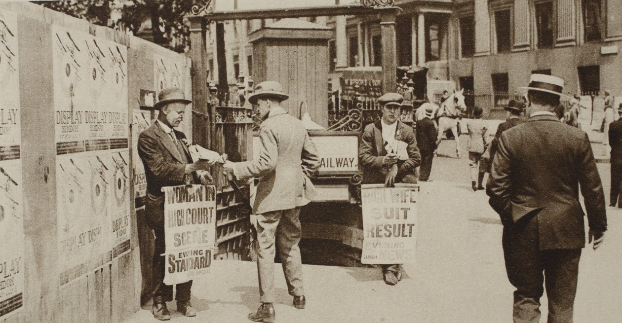 Newspaper sellers in Trafalgar Square, from Wonderful London, published 1926-27 by English Photographer