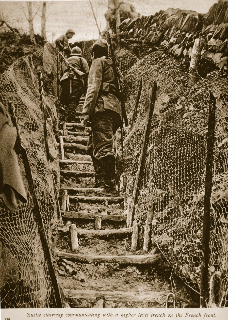 Rustic stairway communicating with a higher level trench on the French front, 1914-19 by English Photographer