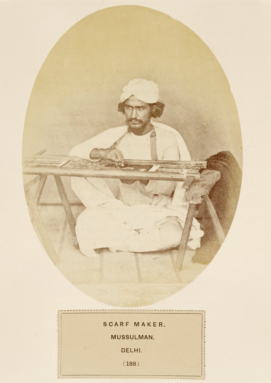 Scarf Maker, Mussulman, Delhi, from The People of India, by J. Forbes Watson, published 1868 by English Photographer