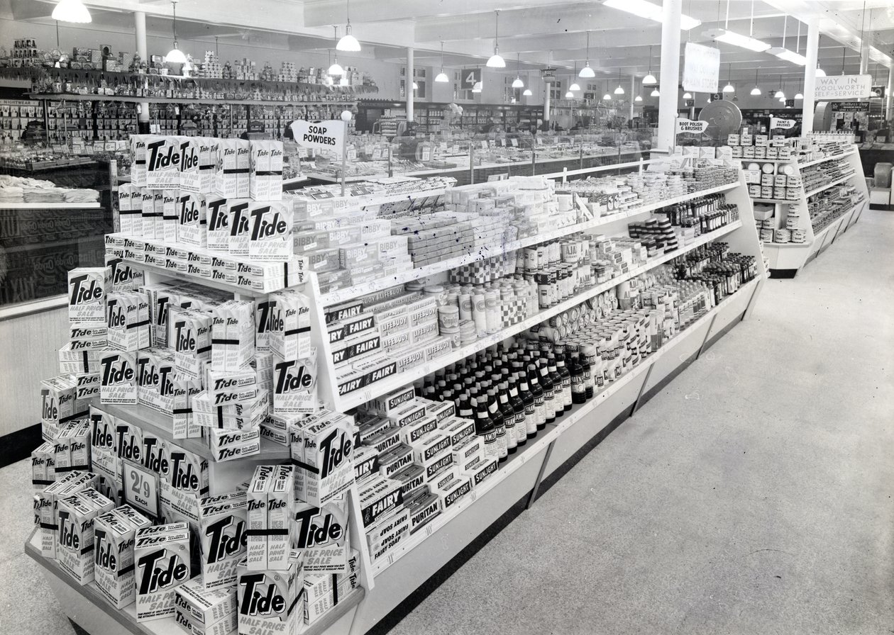 Soap powder aisle, Woolworths store, 1956 by English Photographer