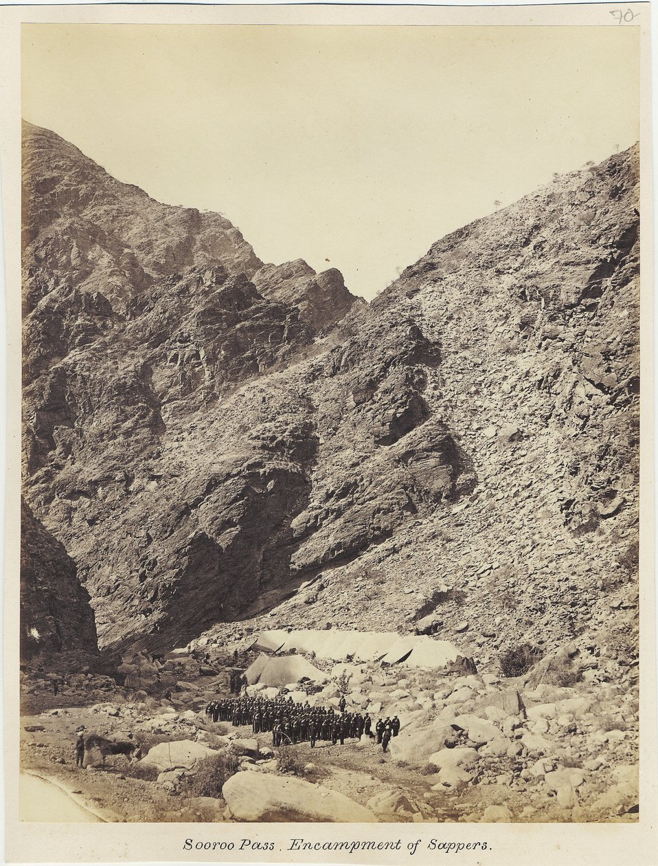 Soroo Pass, encampment of Sappers, by Royal Engineers Photographic Unit under Sergeant John Harold, 1868 by English Photographer