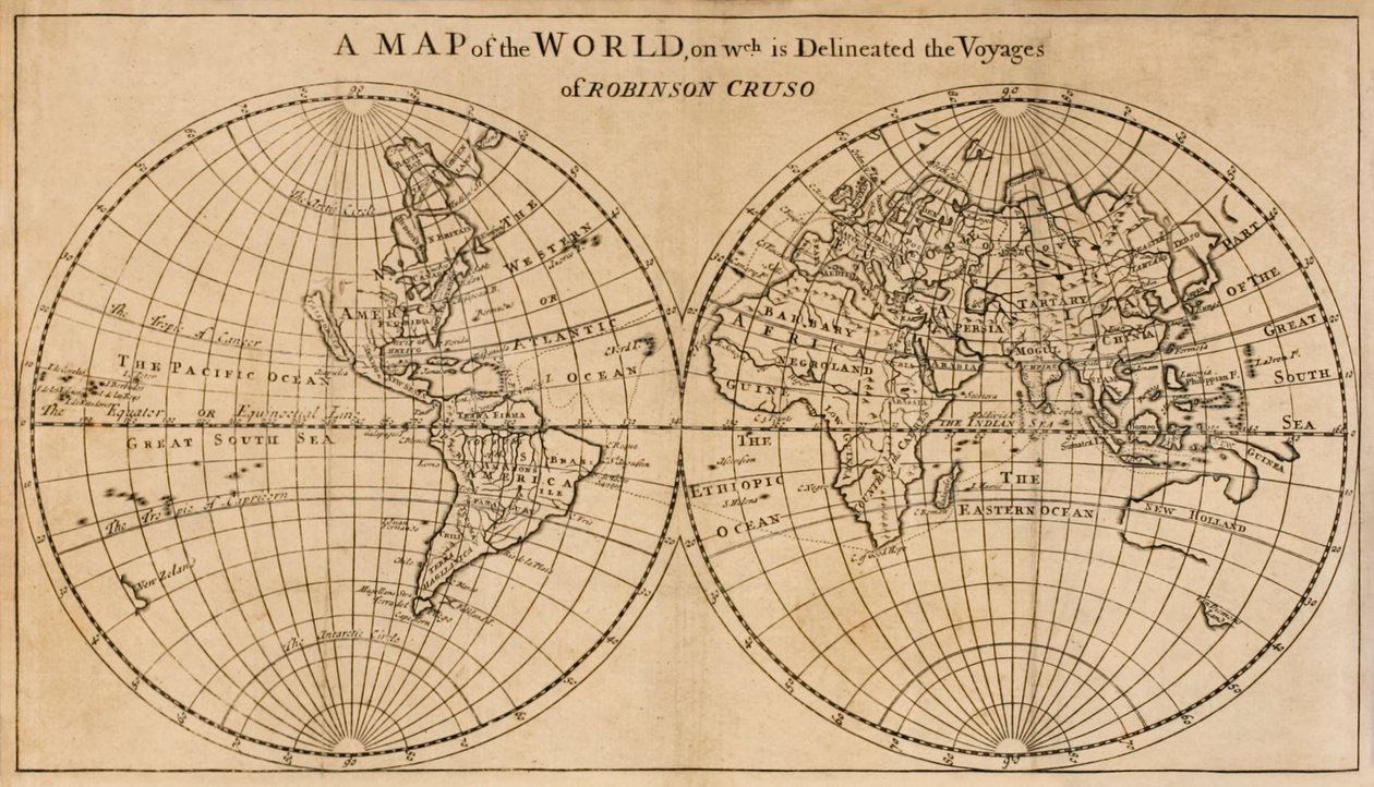 Map of the World showing the Voyage of Robinson Crusoe, frontispiece foldout map from The Farther Adventures of Robinson Crusoe by English School