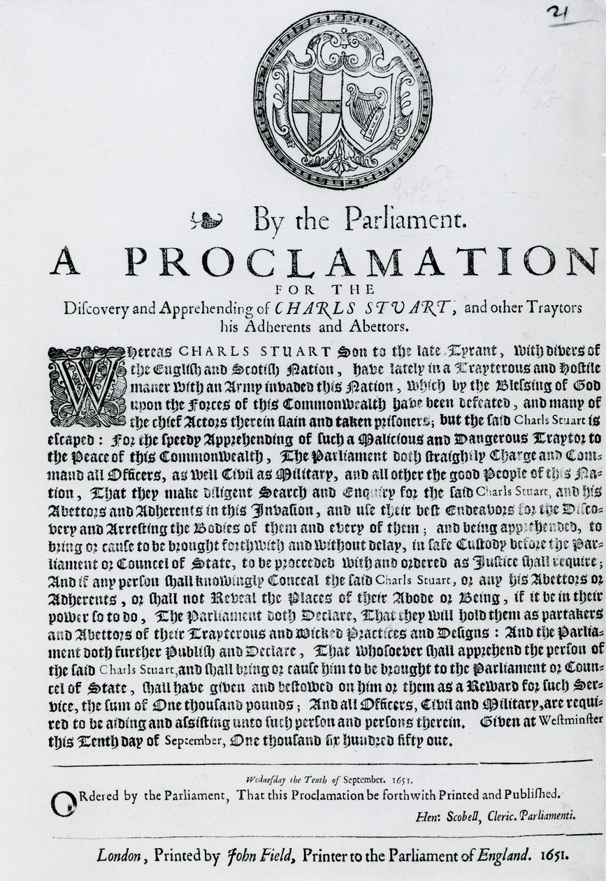A Proclamation by the Parliament for the Discovery and Apprehending of Charles Stuart and other Traitors, Abdherents and Abettors by English School