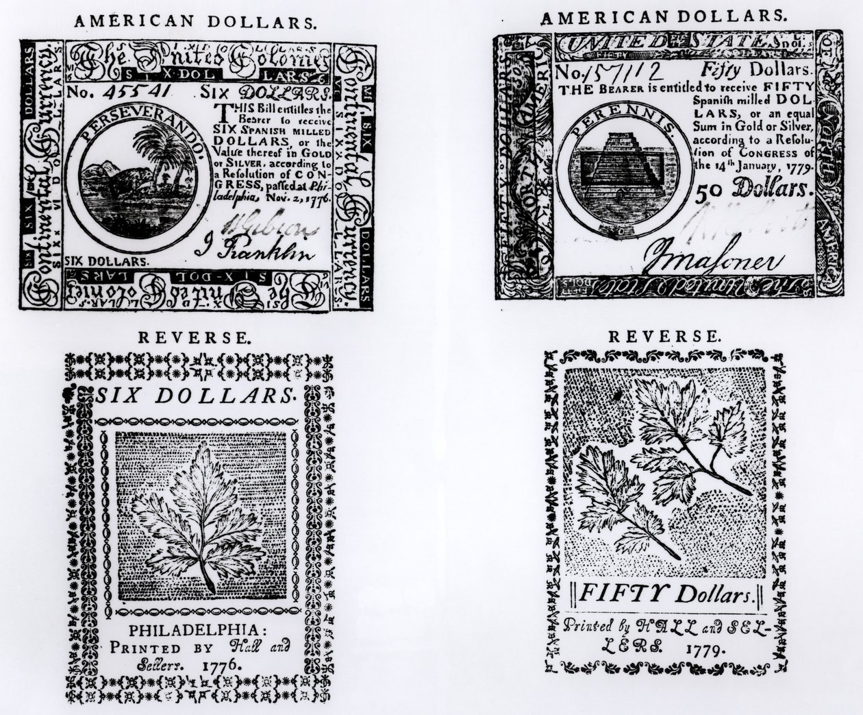 A Colonial Six Dollar Bill of 1776 and an American Fifty Dollar Bill of ...