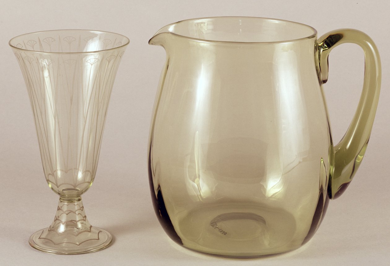 Acid etched vase by James Powell and Sons, 1913 and jug designed by James Hogan for James Powell and Sons, 1935 by English School
