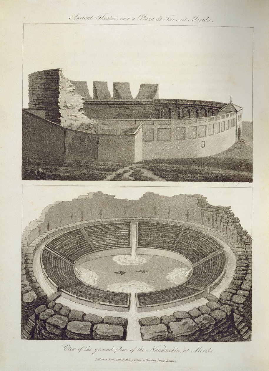 Ancient Theatre, Now a Plaza de Toros, and a View of the Ground Plan of the Naumachia, at Merida, 1816 by English School
