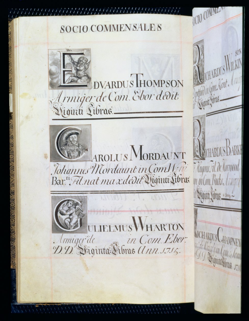 Page Listing Three Benefactors of New College, Oxford; Edvardus Thompson, Carolus Mordaunt and Gulielmus Wharton, from a Benefaction Book, 16812-84 by English School